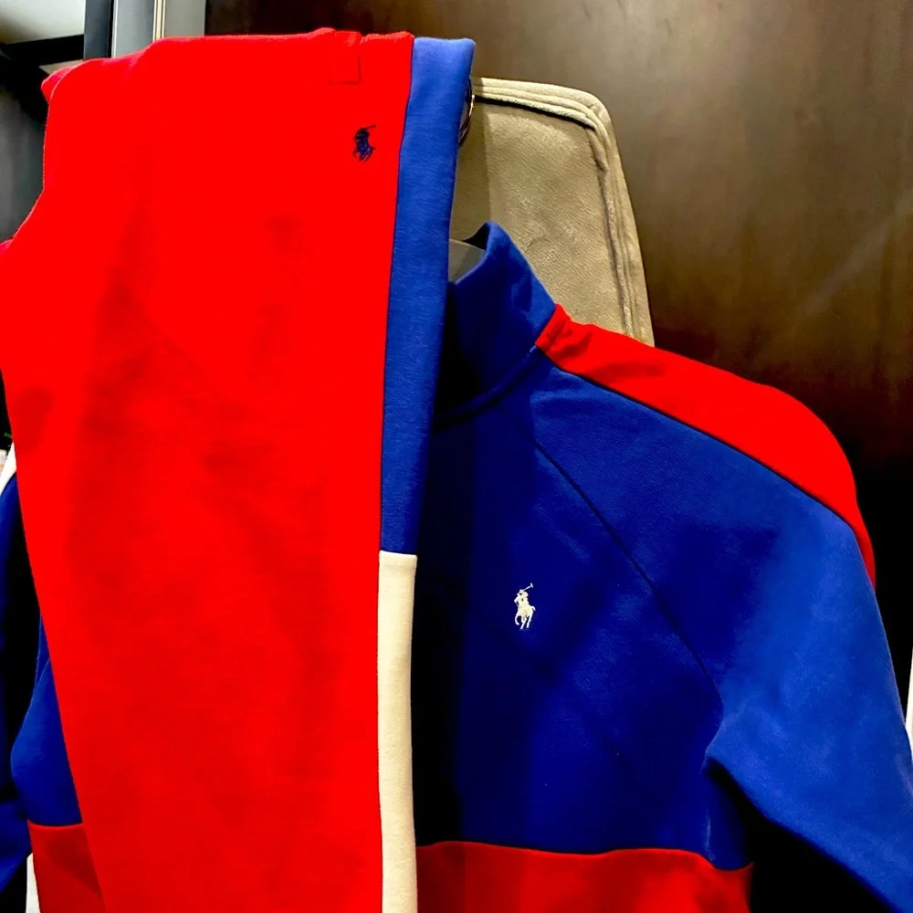 Polo by Ralph Lauren Men’s Red, Royal Blue & White Colorblock Crewneck Sweater